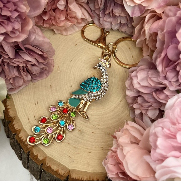 Beautiful Blue and Colorful Crystal Peacock Keychain Charm - Picture 8 of 16